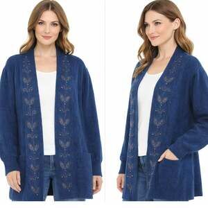 Bellini Embroidered Open Front Long Cardigan Sweater Angora Blue Womens Large